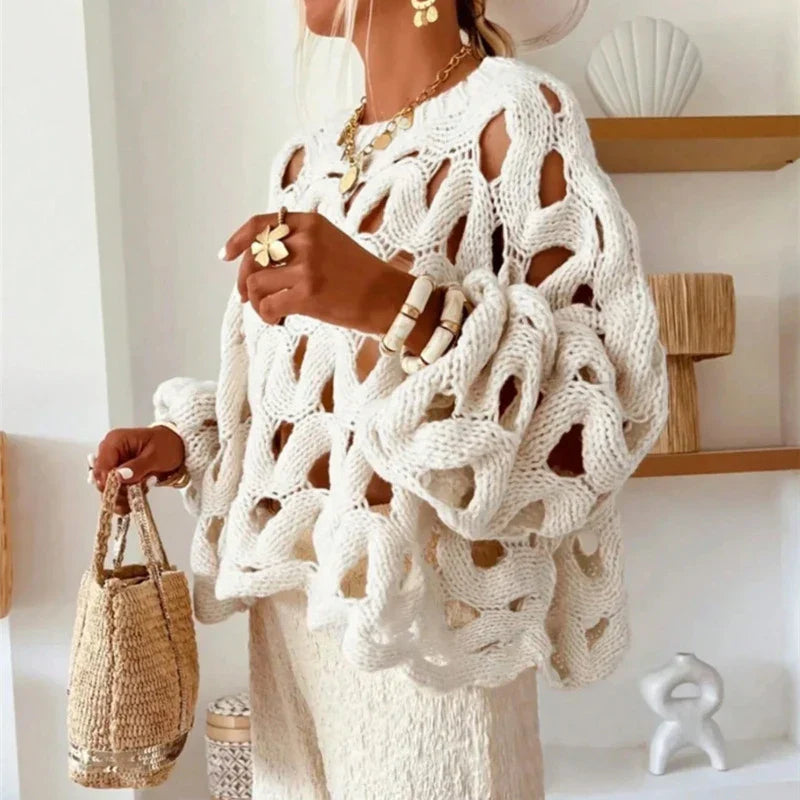 Casual Long Sleeved Hollowed Out Knitted Sweater