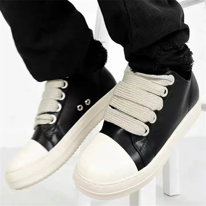 Black Leather Lace Up Casual Thick Bottom Sneakers