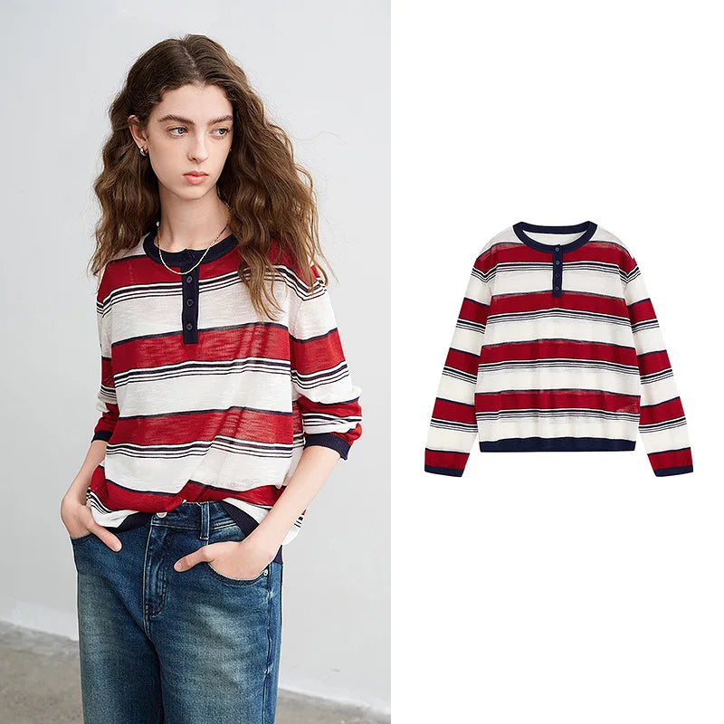 Stripped Linen Button Long Sleeve Top