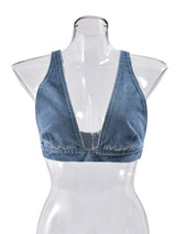 Metal Buckle Deep V-Neck Denim Tank