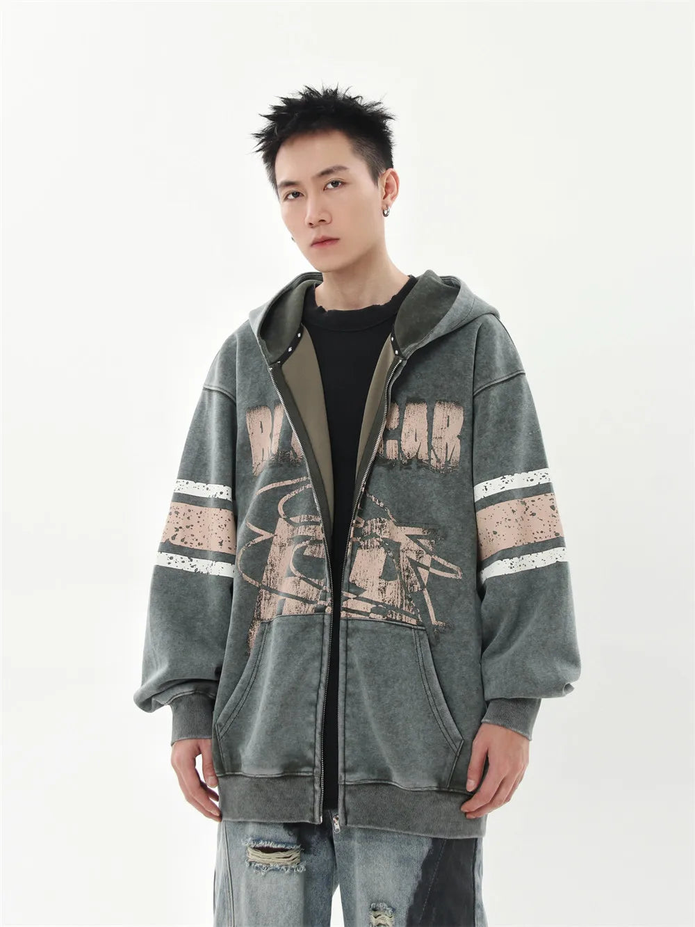 Retro Distressed Print Hooded Sweatshirt