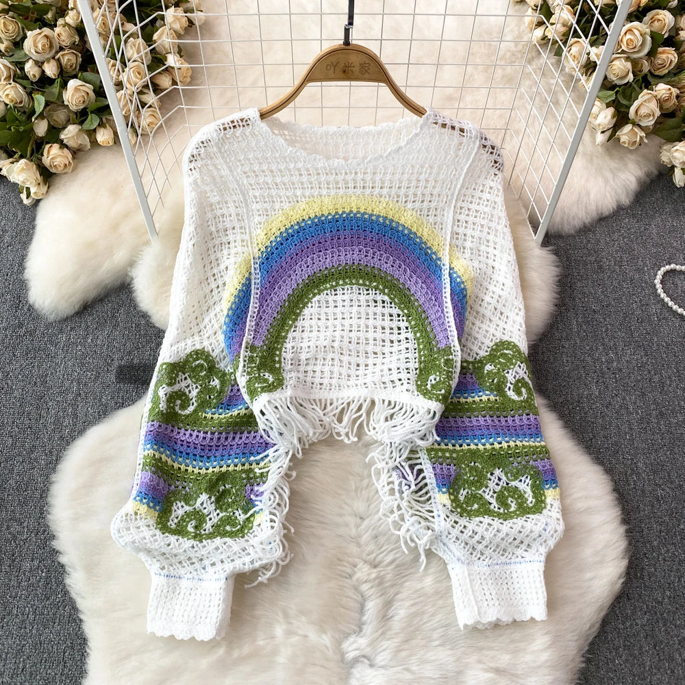 Handmade Knitted Embroidery Rainbow Crochet Top