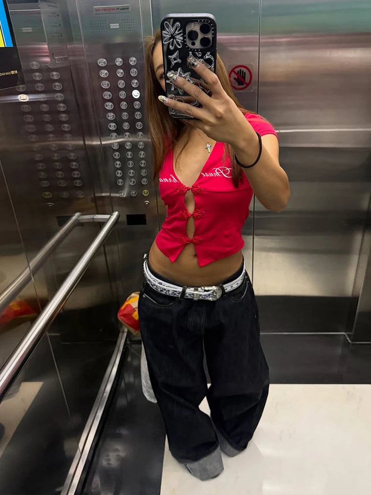 Baddie Core Red Frog Button Top