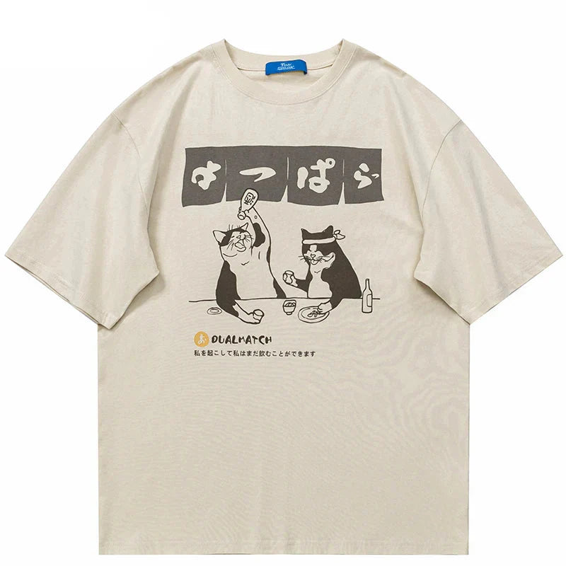Japanese Cartoon Drinking Cat T-Shirt