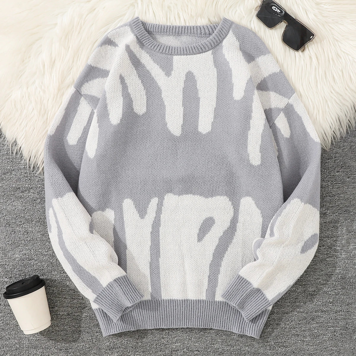 Irregular Jacquard pattern O-neck Sweater