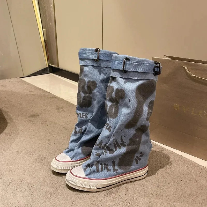 Distressed Breathable Canvas Mid-Calf Boots