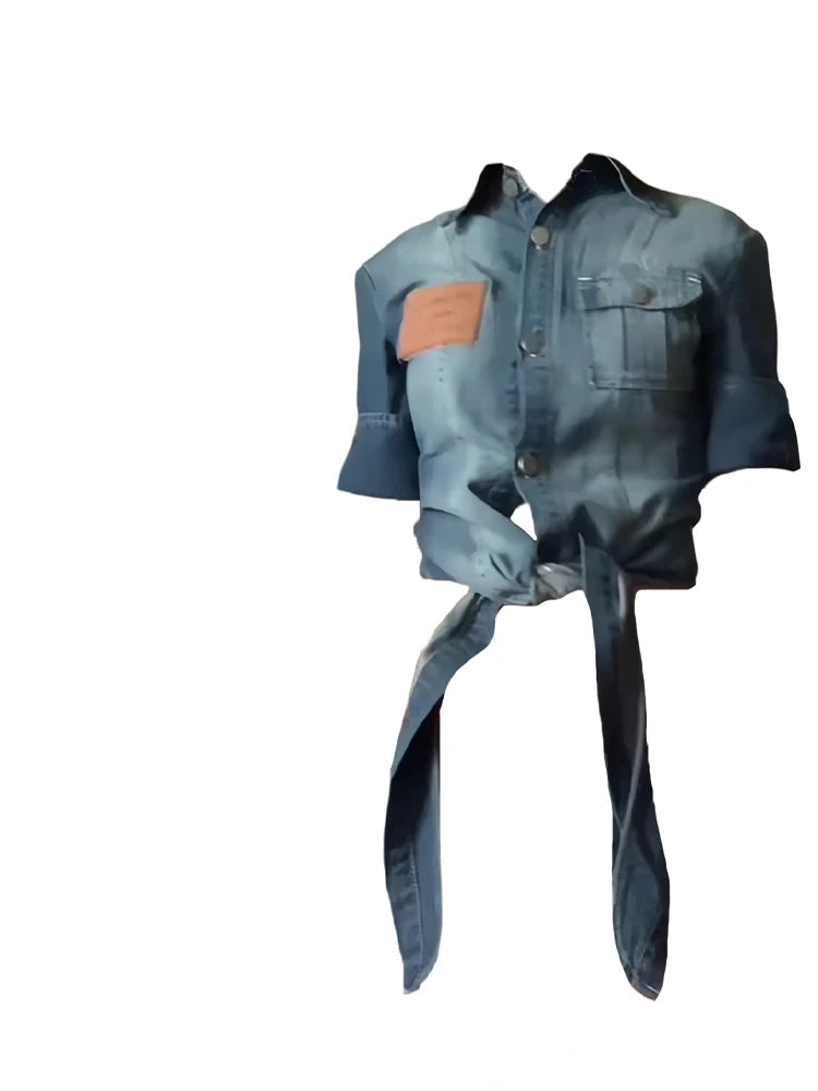 2000s Crop Denim Shirt Half Sleeve Blouse