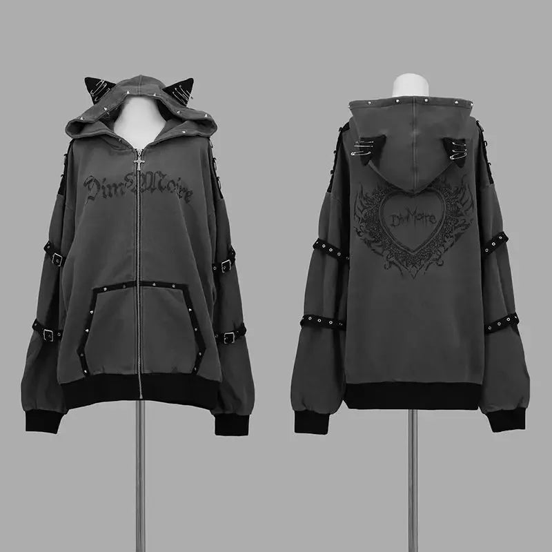 Y2K Gothic Cat Ear Zip Hoodie