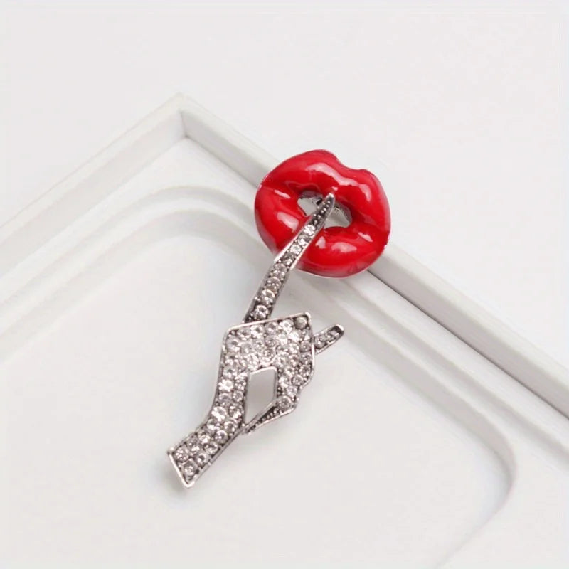 Novel Red Lips with Rhinestones Brooch