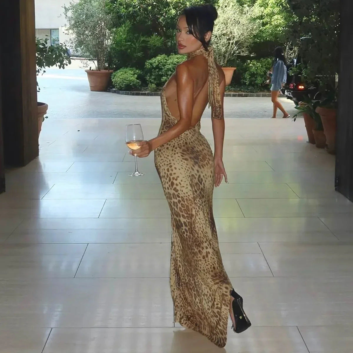 Sultry Leopard Backless Maxi Dress