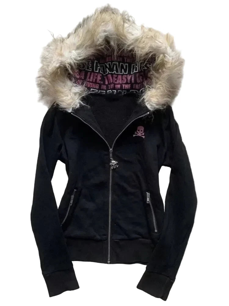 Gothic Punk Skull Fur Hoodie