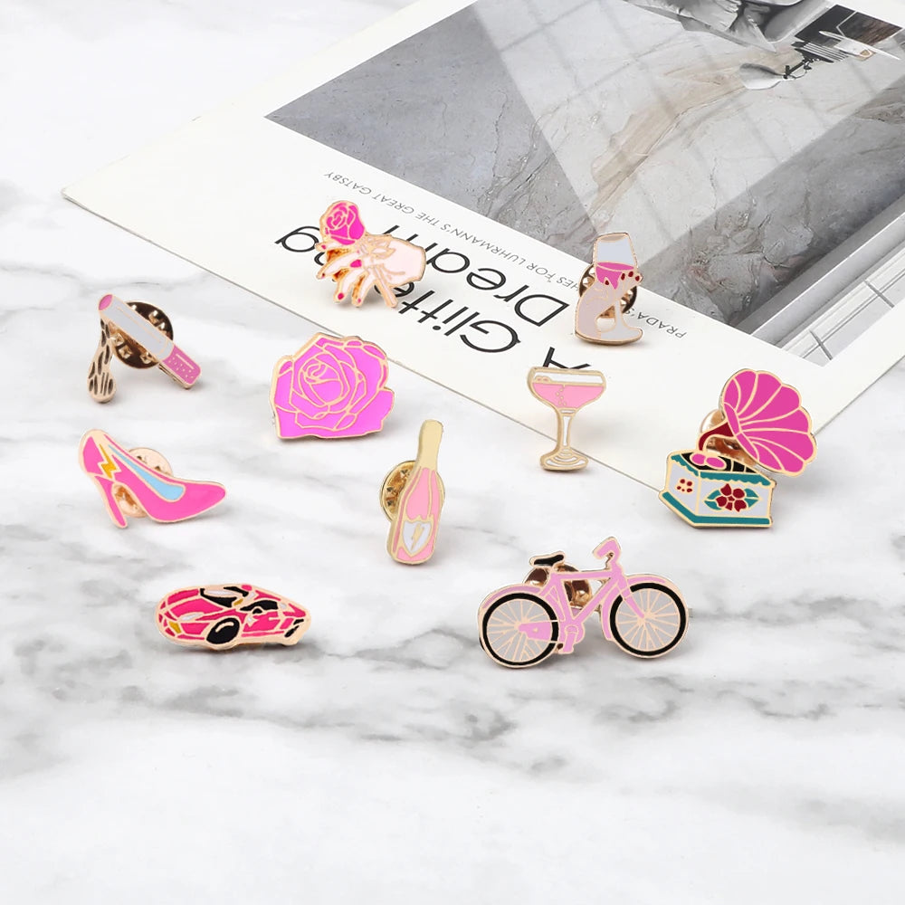 Women Pink Rose Enamel Brooches