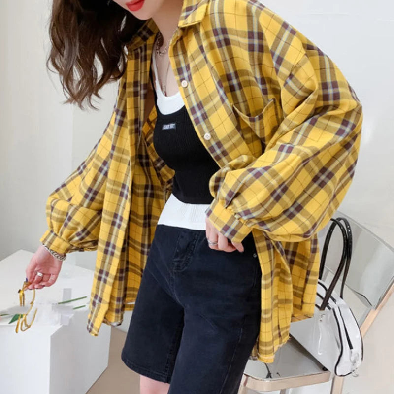 Soft Girl Korean Style Plaid Oversized Shirt