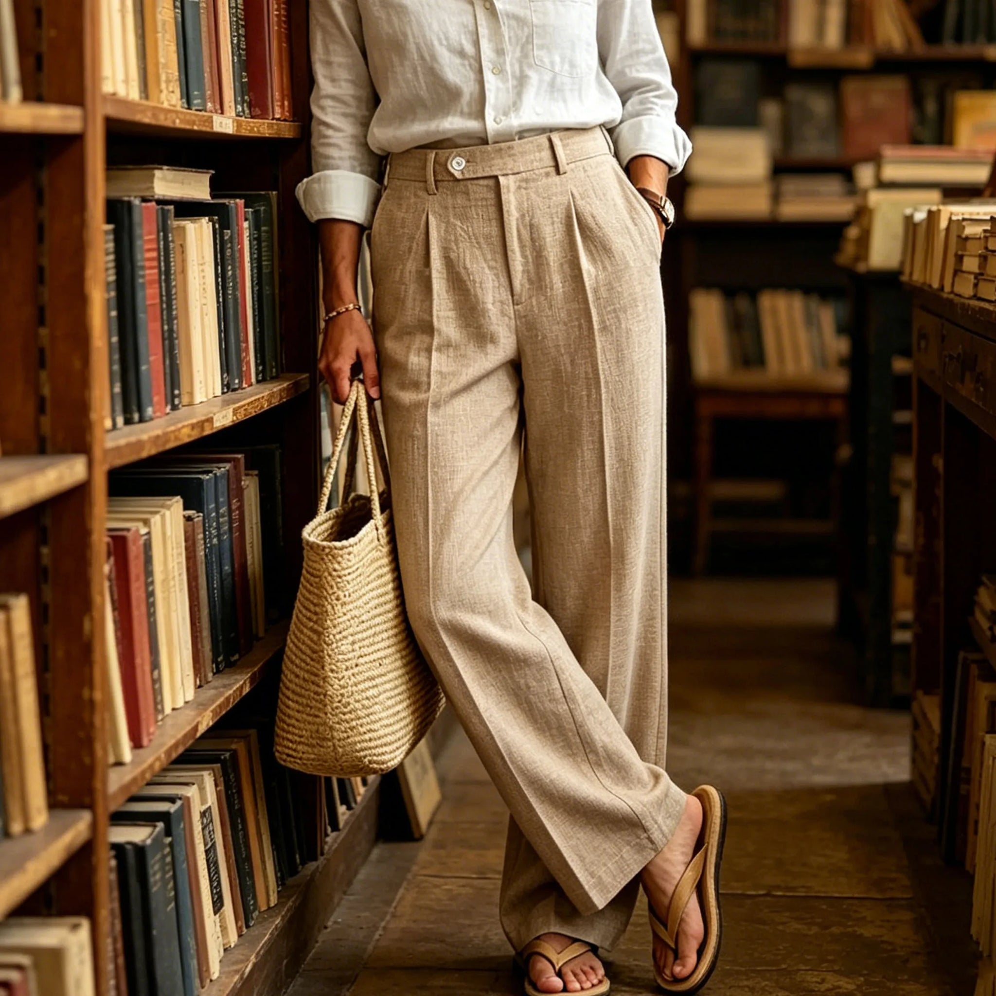 Linen Beige Straight Leg Pants
