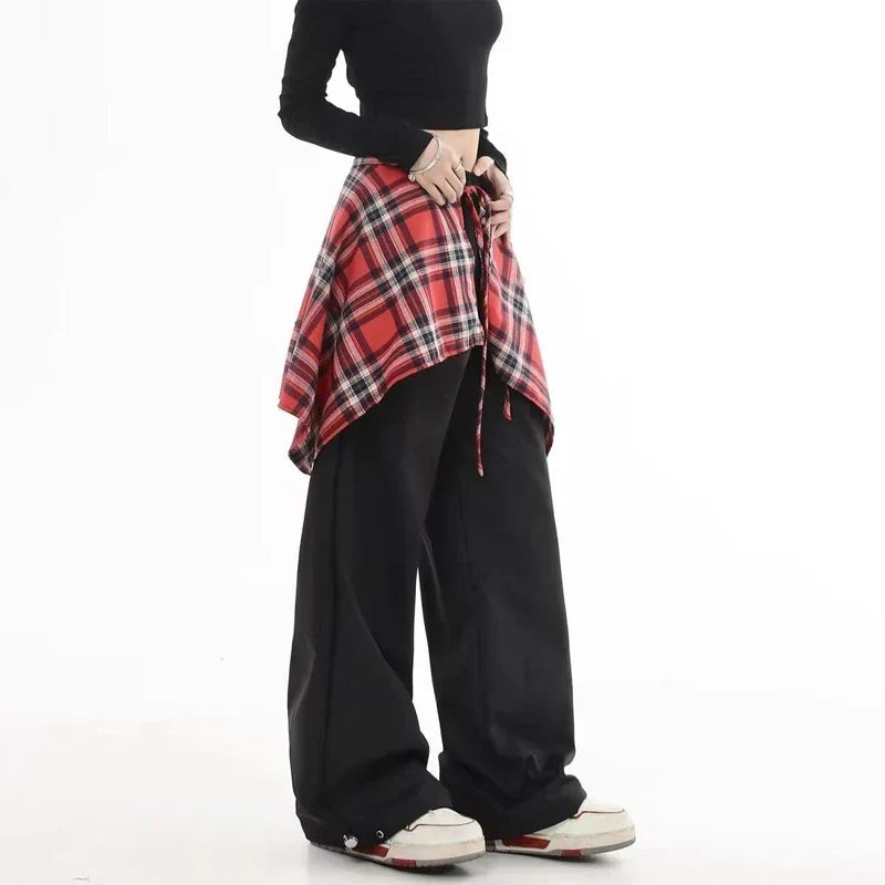 Patchwork Plaid Skirt High Waisted Pants