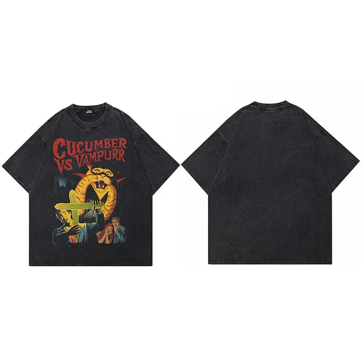 Retro Funny Graphic Washed Black T-Shirt