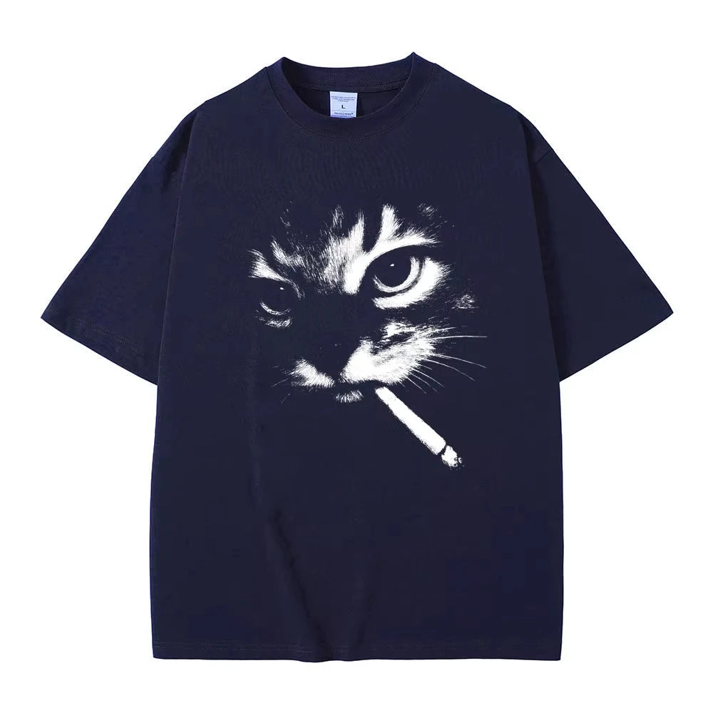 Smoking Cat Print T-shirt