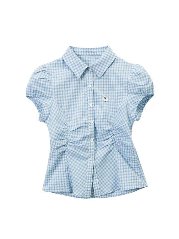 Women Short Sleeve Plaid baby Blue Shirt