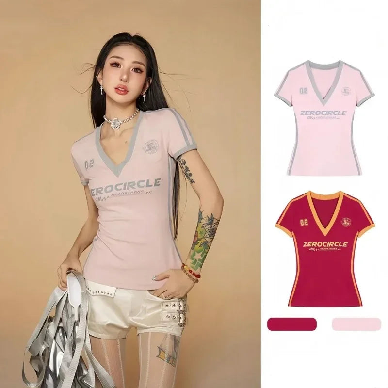 Y2K V Neck Jersey Top