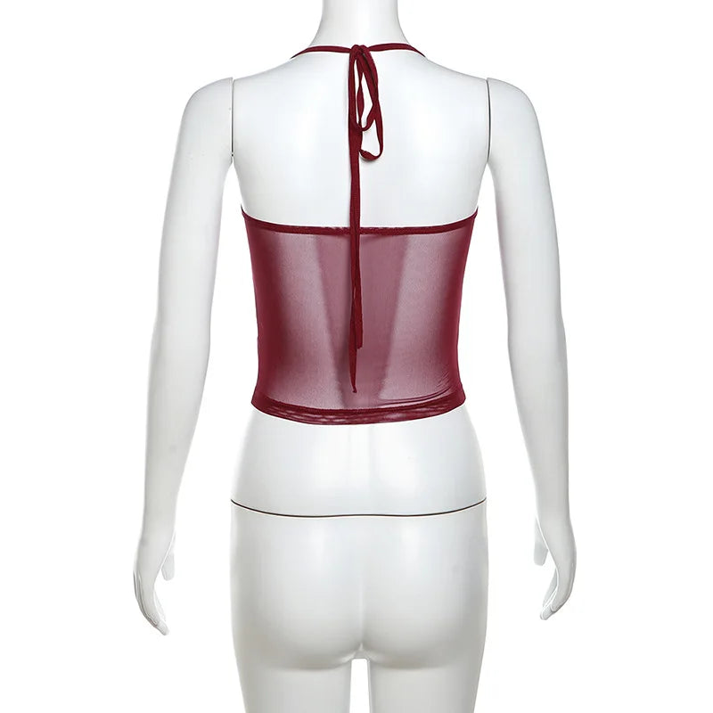 Y2K Wine Red Mesh Corset Tank