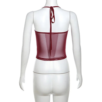 Y2K Wine Red Mesh Sheer Corset Tank Top