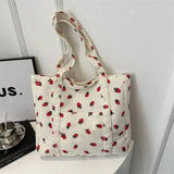 Corduroy Strawberry Print Tote Shoulder Bag