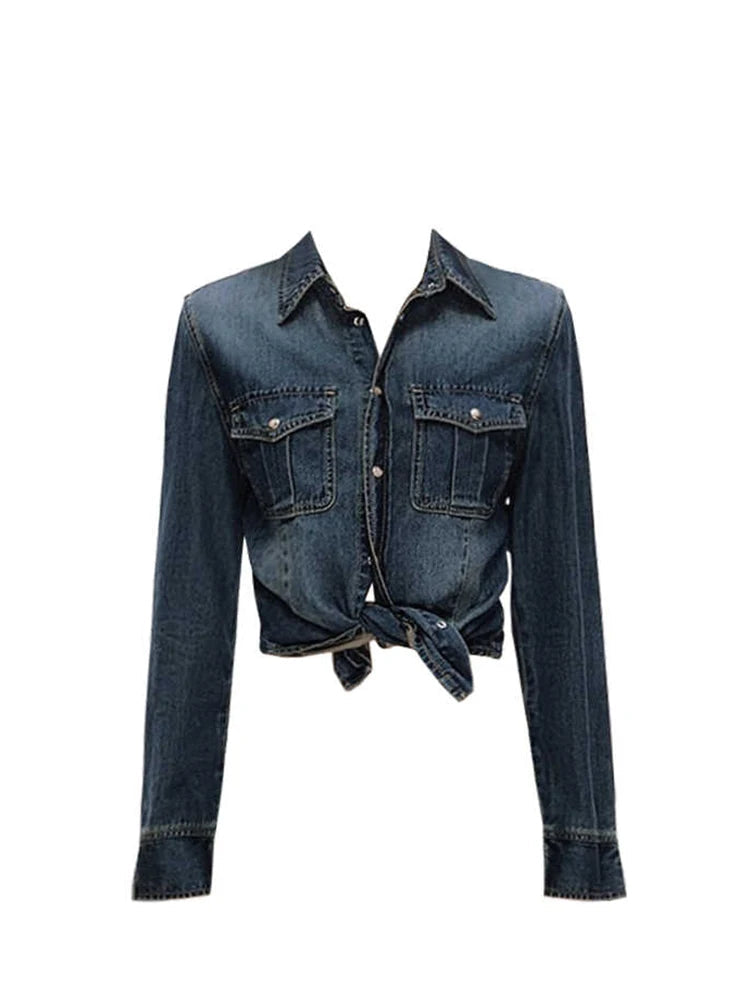 Women Vintage Crop Denim Shirt