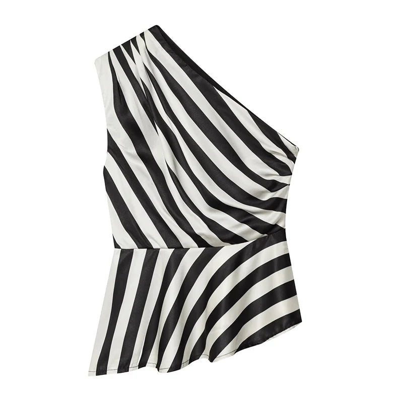 Striped One Shoulder Sleeveless Blouse