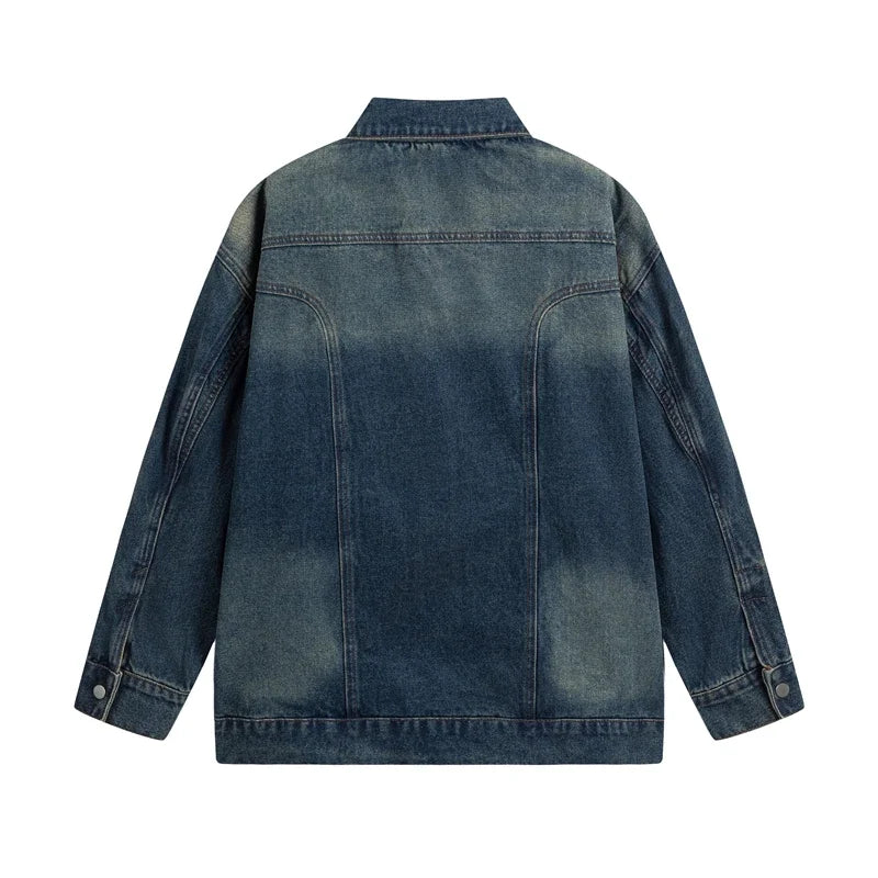 V-neck Washed Dark Blue Denim Jacket