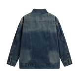 V-neck Washed Dark Blue Denim Jacket