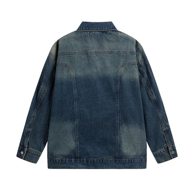 V-neck Washed Dark Blue Denim Jacket