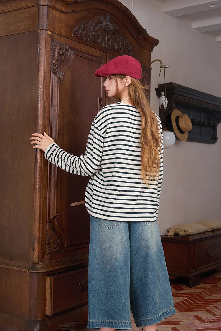 Autumn V-neck Stripped Long Sleeve T-shirt