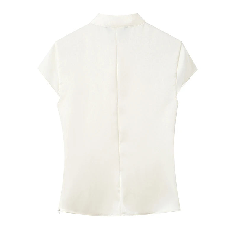 Black Mandarin Collar Side Button Satin Blouse