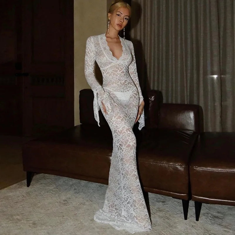 Elegant Sheer Lace Maxi Dress