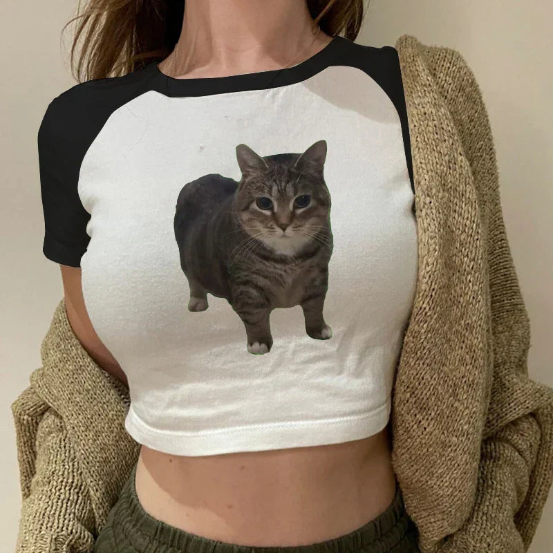 Casual White Basic Cat Print T-Shirt