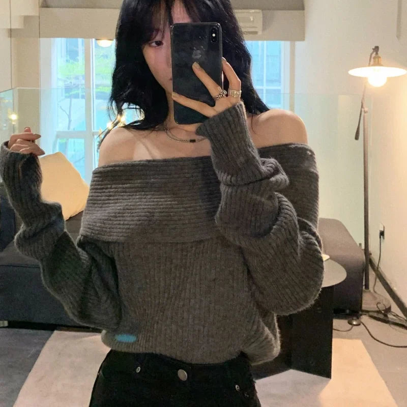 Y2K Schulterfreier Strickpullover