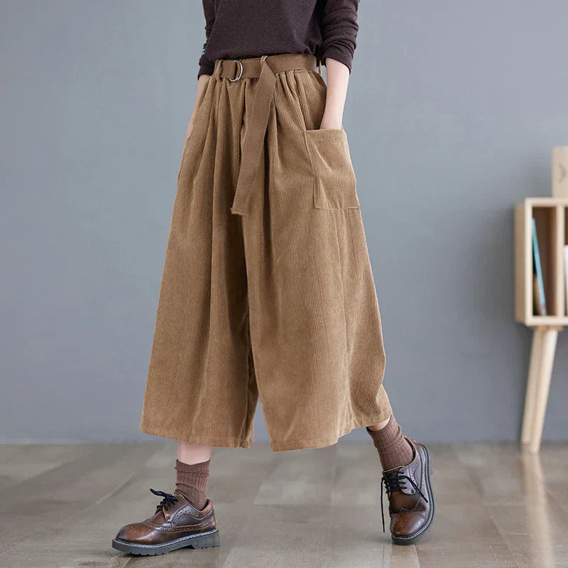 Pantalones Anchos a Media Pierna de Pana Estilo Coreano