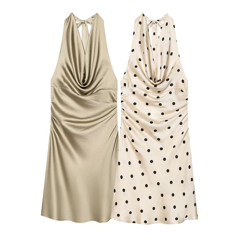 Satin Halter Neck Polka Dot Mini Dress