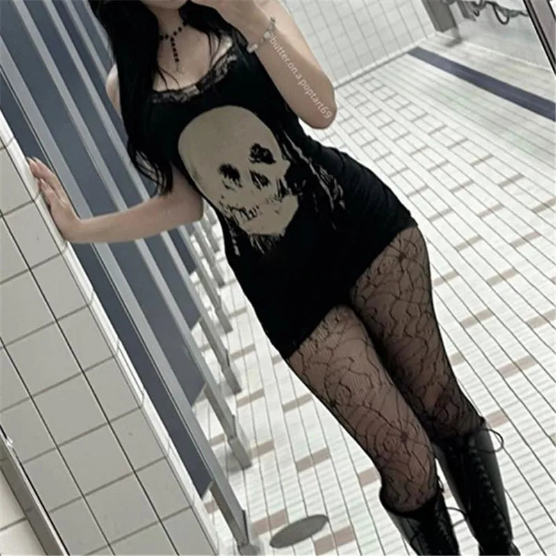 Gothic Skull Print Lace Mini Dress