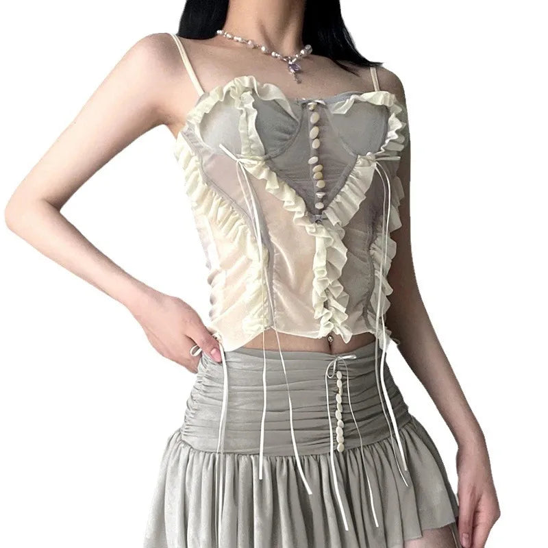 Fairycore Ruffled Mesh Corset Top And Skirt