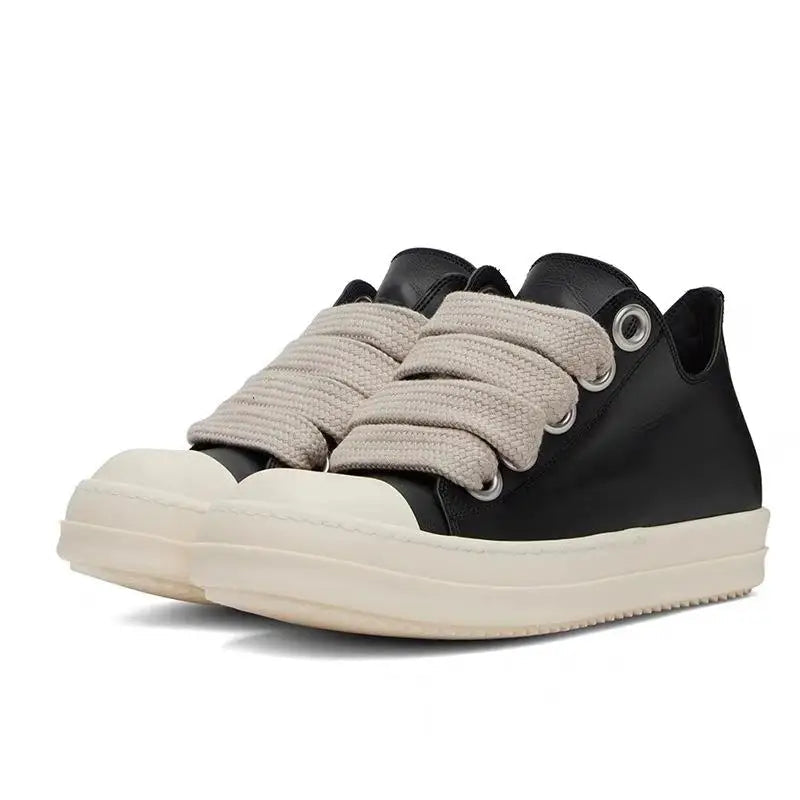 Black Leather Lace Up Casual Thick Bottom Sneakers