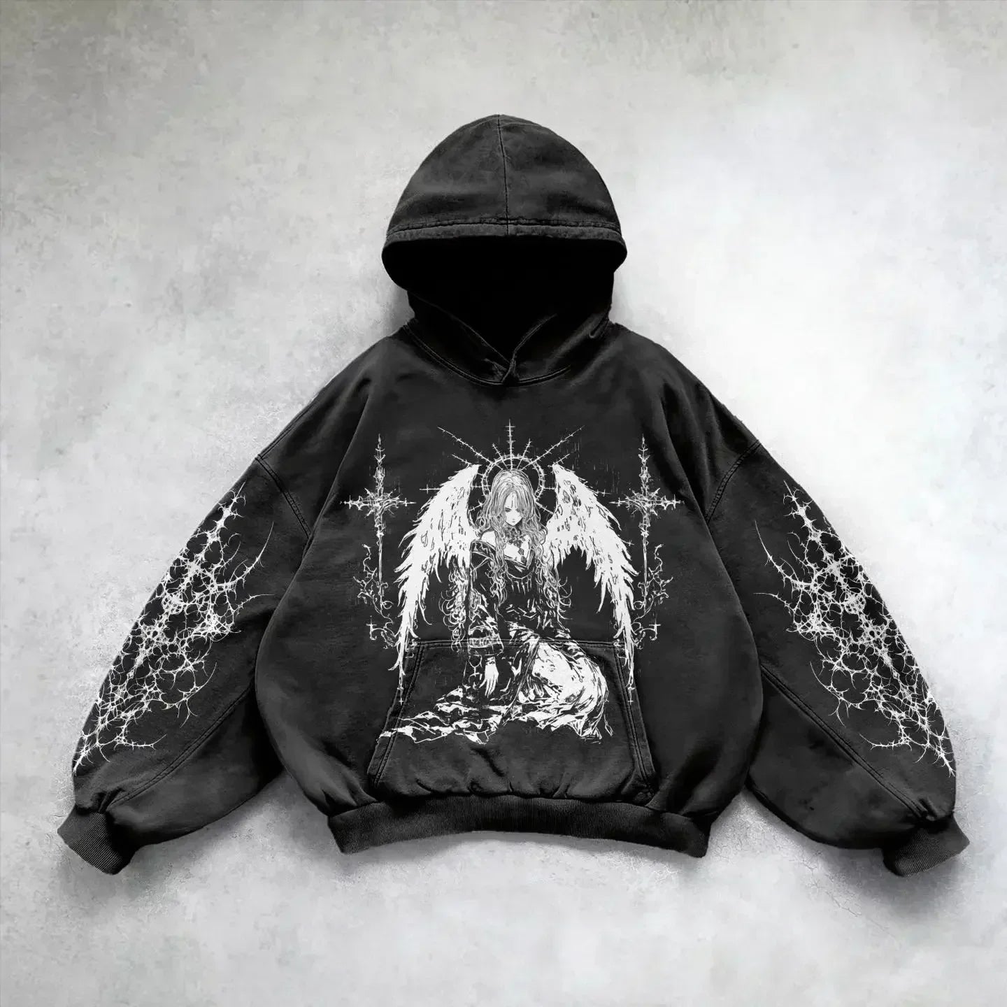 Sudadera con capucha grande lavada negra estilo gótico revival