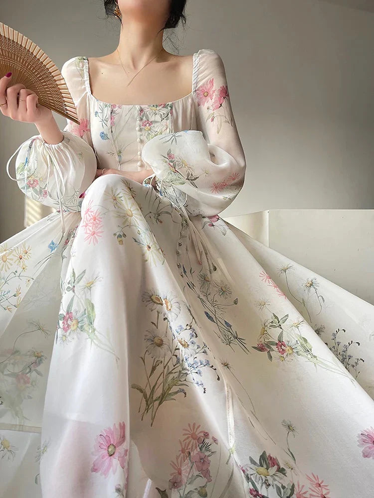 French Floral Chiffon Maxi Dress