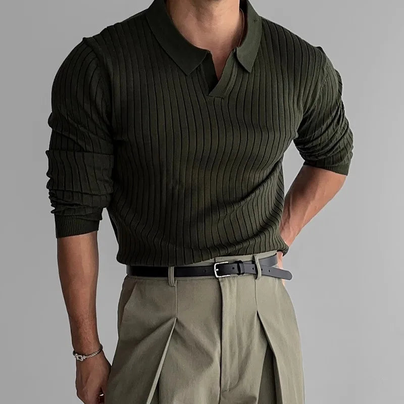 Retro Knit Striped Polo T-Shirt