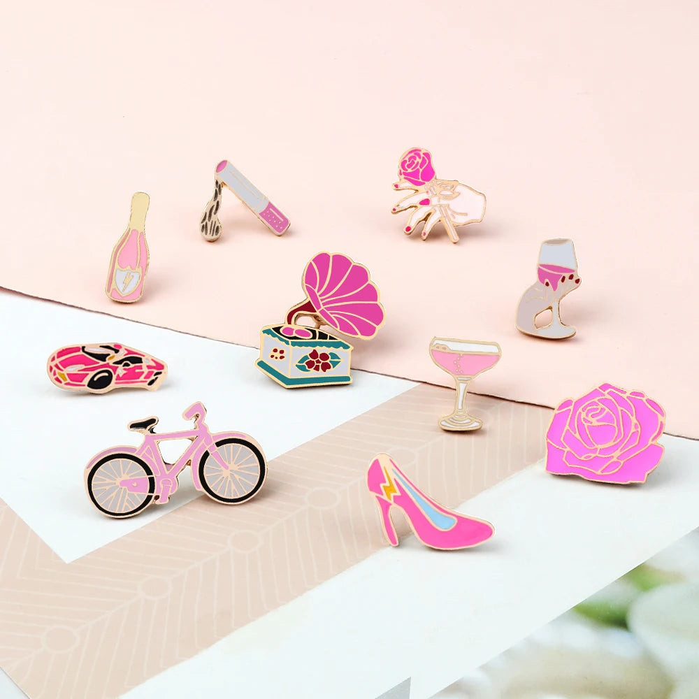 Women Pink Rose Enamel Brooches