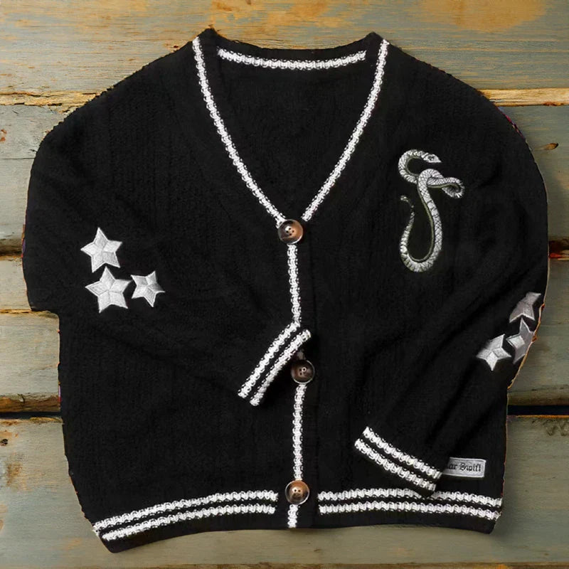 Black Knitted V-Neck Buttoned Cardigan