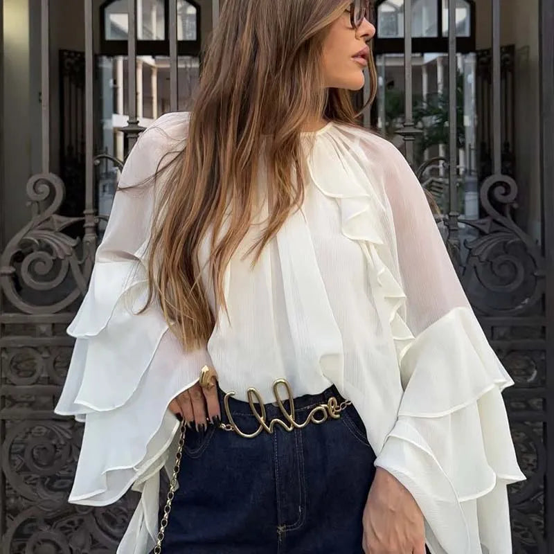 White Ruffle Cropped Blouse