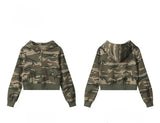 Army Green Camouflage Zipper Cropped Hoodie