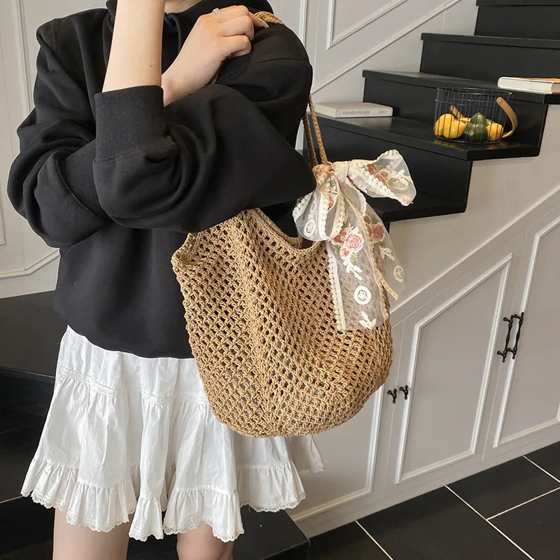 Summer Beach Tote Bag Solid Color Crochet