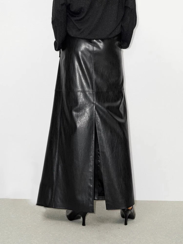Shiny Black Soft Leather Floor Length Skirt